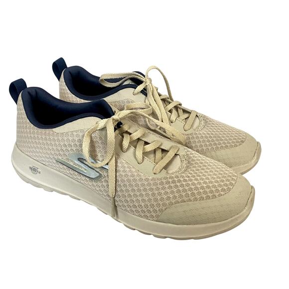 Skechers Shoes - Skechers Womens 8 Sneakers Air Cooled Goga Mat Mesh Lace Up Tan Navy Blue 54060